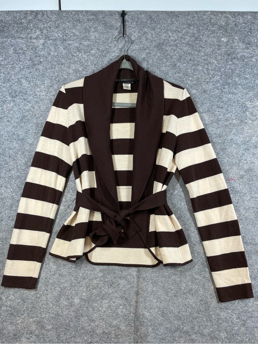 BCBGMAXAZRIA Brown Cream Striped Y2K Merino Wool Cardigan Medium Old Money
